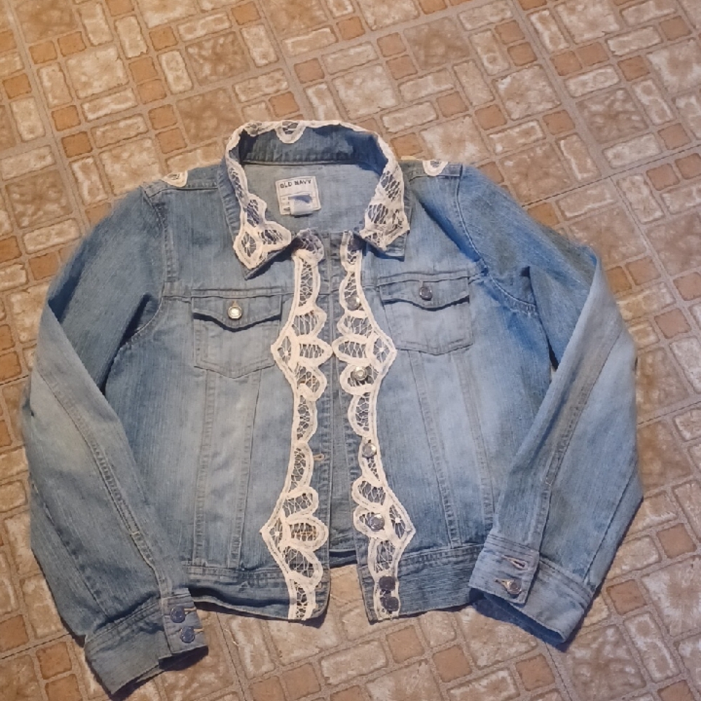 Old Navy Light Blue Denim Jacket with Off  White Lace Size Large